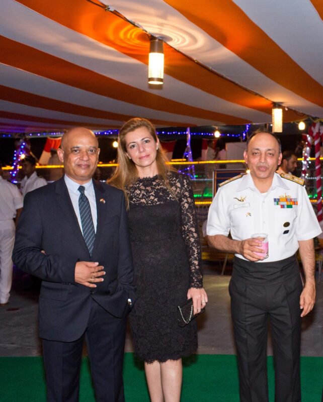 Akbar Iqbal Khan with the visiting Indian Navy Admiral on board the INS Maysor, a Delhi-Class Destroyer, during its visit to Port Rashid. And I - the Leaning Tower of Pisa in the middle.